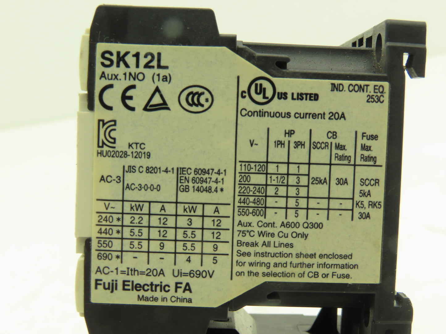 Fuji SK12L Motor Starter Contactor 5.5kW 600V & Overload 0.8-1.2A Lot of 2