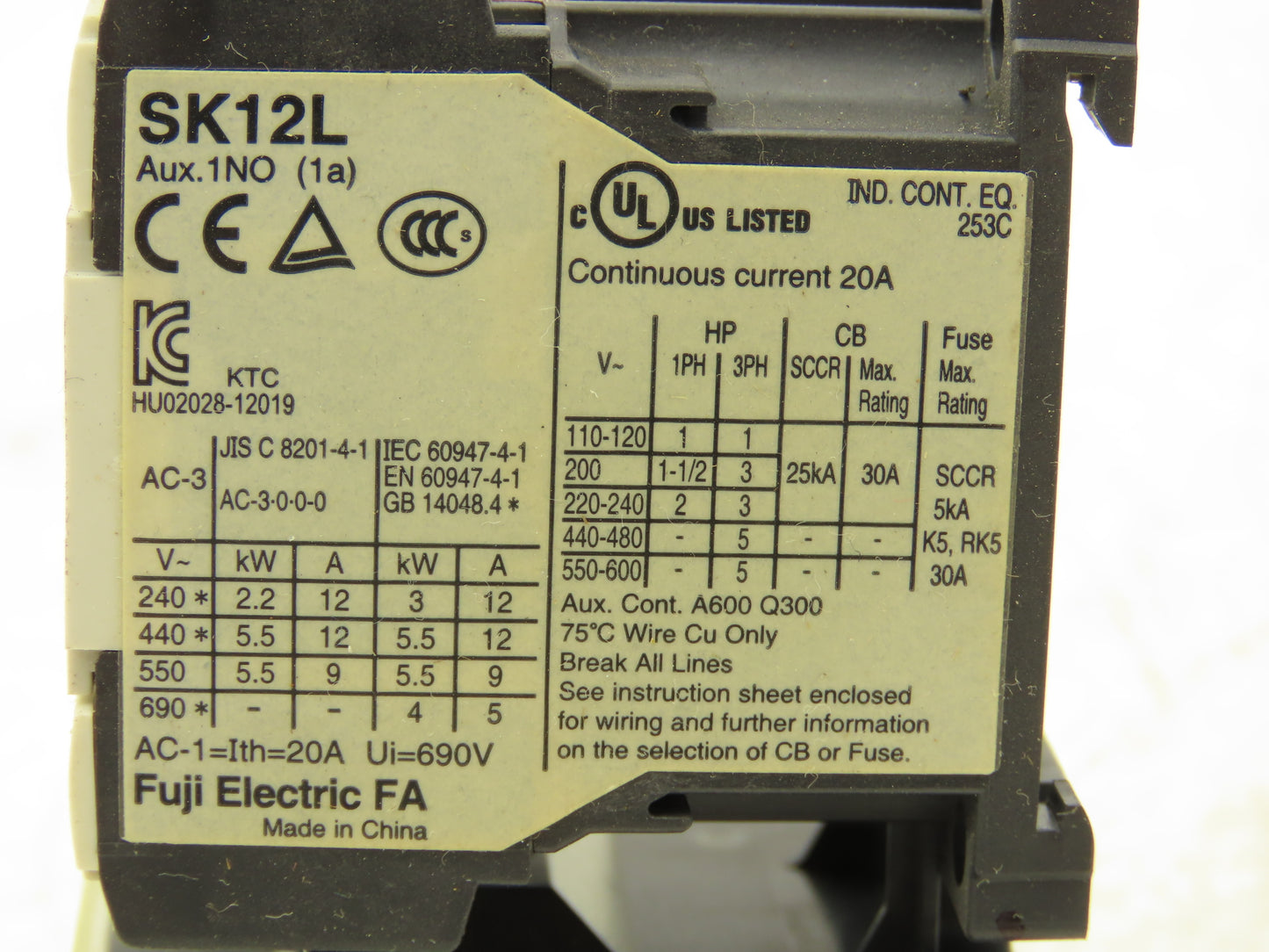 Fuji SK12L Motor Starter Contactor 5.5kW 600V & Overload 1.7-2.6A Lot of 2