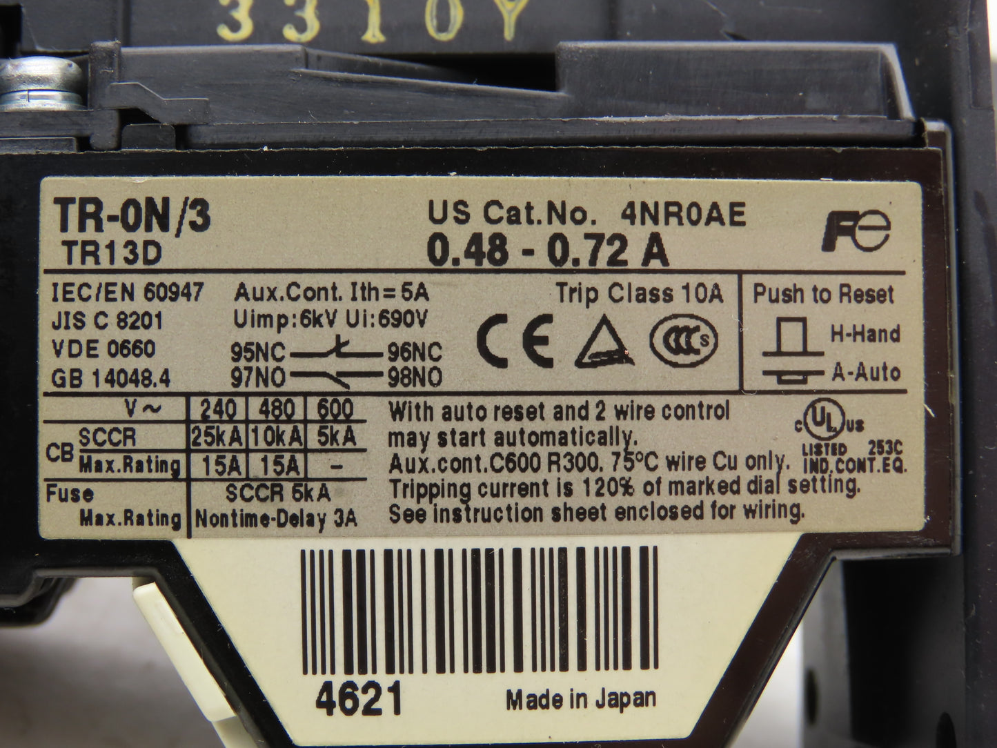 Fuji SZ-HB TZ1HB TR-ON/3 TR13D Thermal Overload Relay 0.48 - 0.72A with Adapter Base