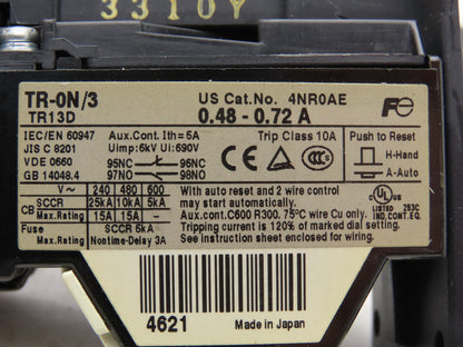 Fuji SZ-HB TZ1HB TR-ON/3 TR13D Thermal Overload Relay 0.48 - 0.72A with Adapter Base