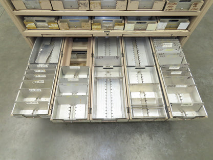 Modular Industrial Storage Cabinet 20 Drawer 61.5x38x34.5" Vintage 17x10" Trays
