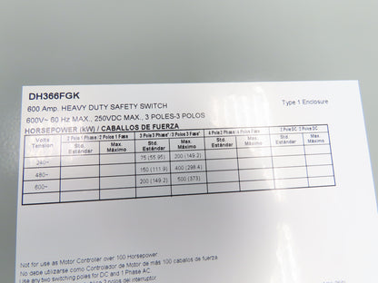 Eaton DH366FGK Safety Disconnect Switch 600A 600V 3 Pole Fused 400Hp