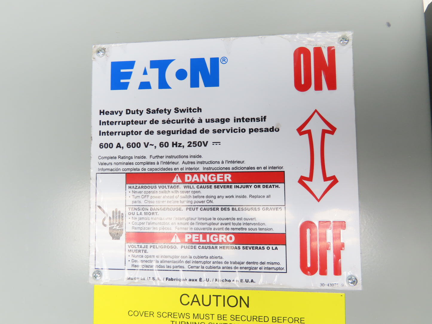 Eaton DH366FGK Safety Disconnect Switch 600A 600V 3 Pole Fused 400Hp