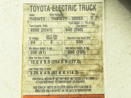 Toyota 7HBW23 Hydraulic Lift Cylinder Off Walkie Pallet Jack 4500 lb