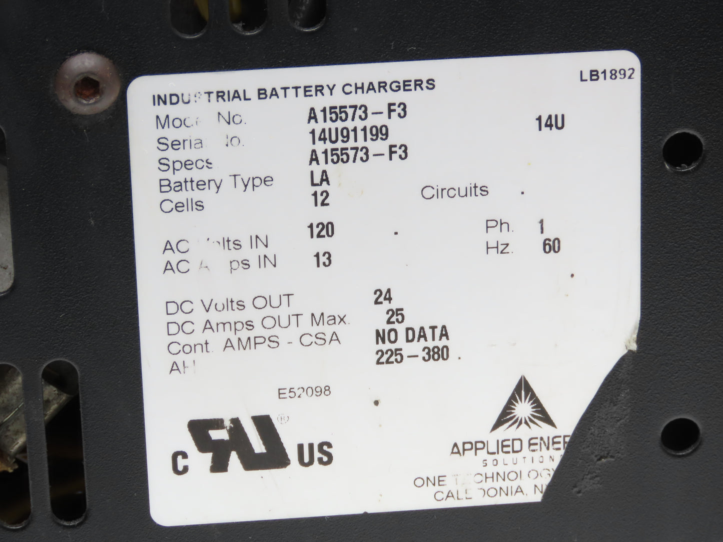 Applied Energy A15573-F3 Colt Forklift Battery Charger 24VDC 225-380Ah 120VAC