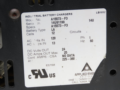 Applied Energy A15573-F3 Colt Forklift Battery Charger 24VDC 225-380Ah 120VAC