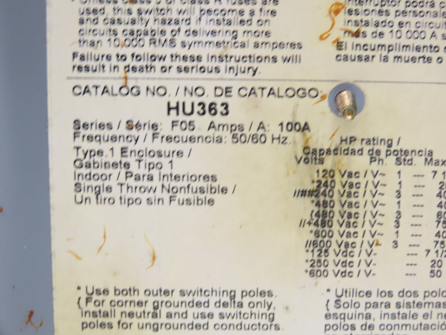 Square D HU363 Safety Disconnect Switch 100 Amp 600V 3 Pole Ph Non-Fusible