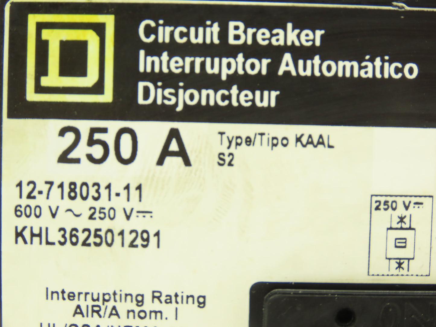 Square D 12-718031-11 Circuit Breaker 250A 600V 3 Pole W/Shunt Trip Type KAAL