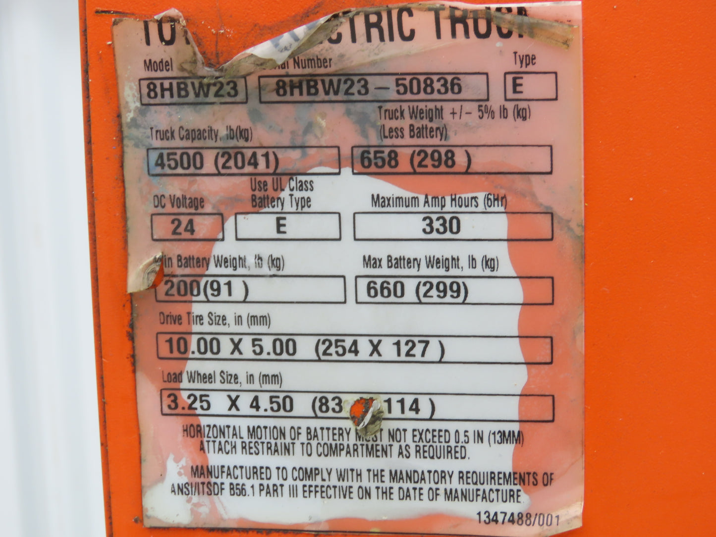 Toyota 8HBW23 Large Orange Shroud Cover Removed From 8HBW23 Walkie Pallet Jack