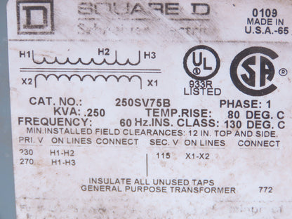 Square D 250SV75B Step Down Power Transformer 0.250KVA 1pH HV 230/270V LV 115V