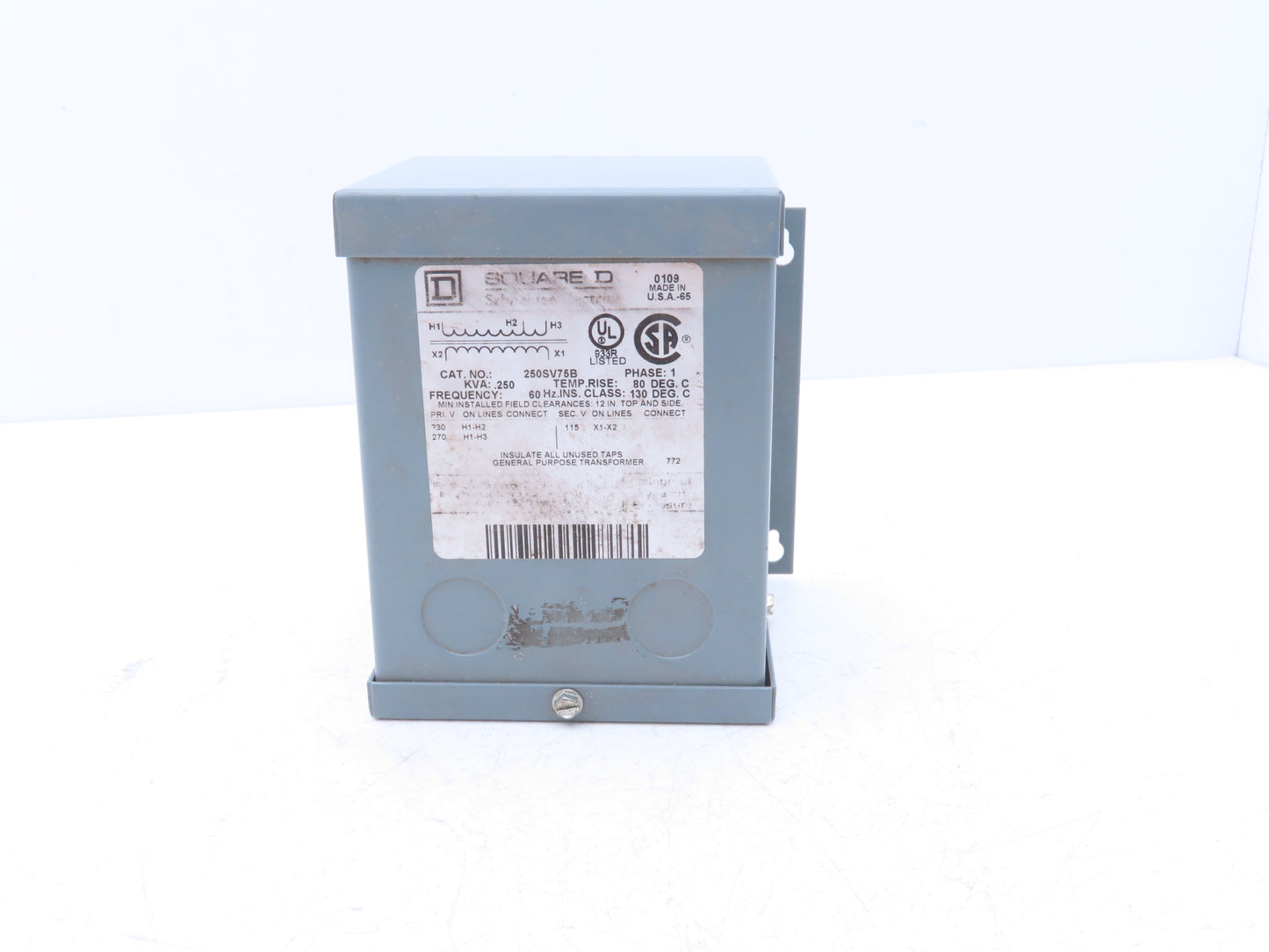 Square D 250SV75B Step Down Power Transformer 0.250KVA 1pH HV 230/270V LV 115V