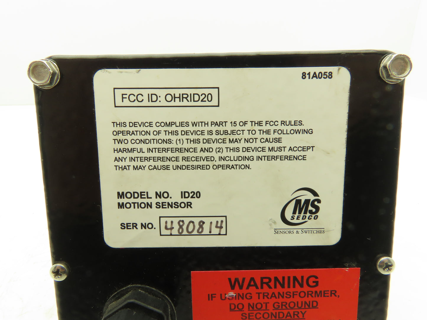 MS Sedco ID20 Industrial Door Microwave Motion Sensor 10.525GHz 12-24V AC/DC