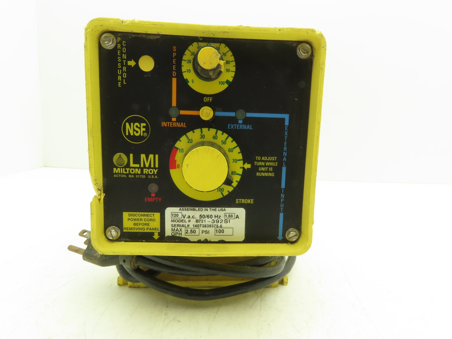 LMI Milton Roy B721-392SI Chemical Metering Dosing Pump 2.5 GPH 120V 100 PSI