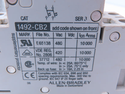 Allen Bradley 1492-CB2-G100 Circuit Breaker 2 Pole 10A 480VAC Lot of 9