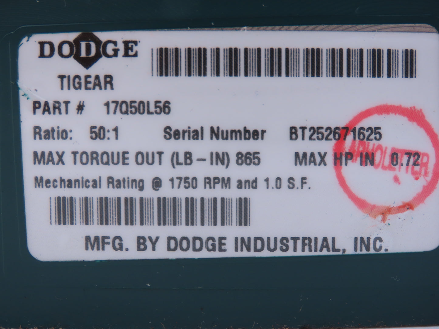 Dodge Tigear 17Q50L56 Worm Gearbox 50:1 Reducer 35rpm 0.72Hp 56C LH Output