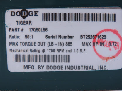 Dodge Tigear 17Q50L56 Worm Gearbox 50:1 Reducer 35rpm 0.72Hp 56C LH Output