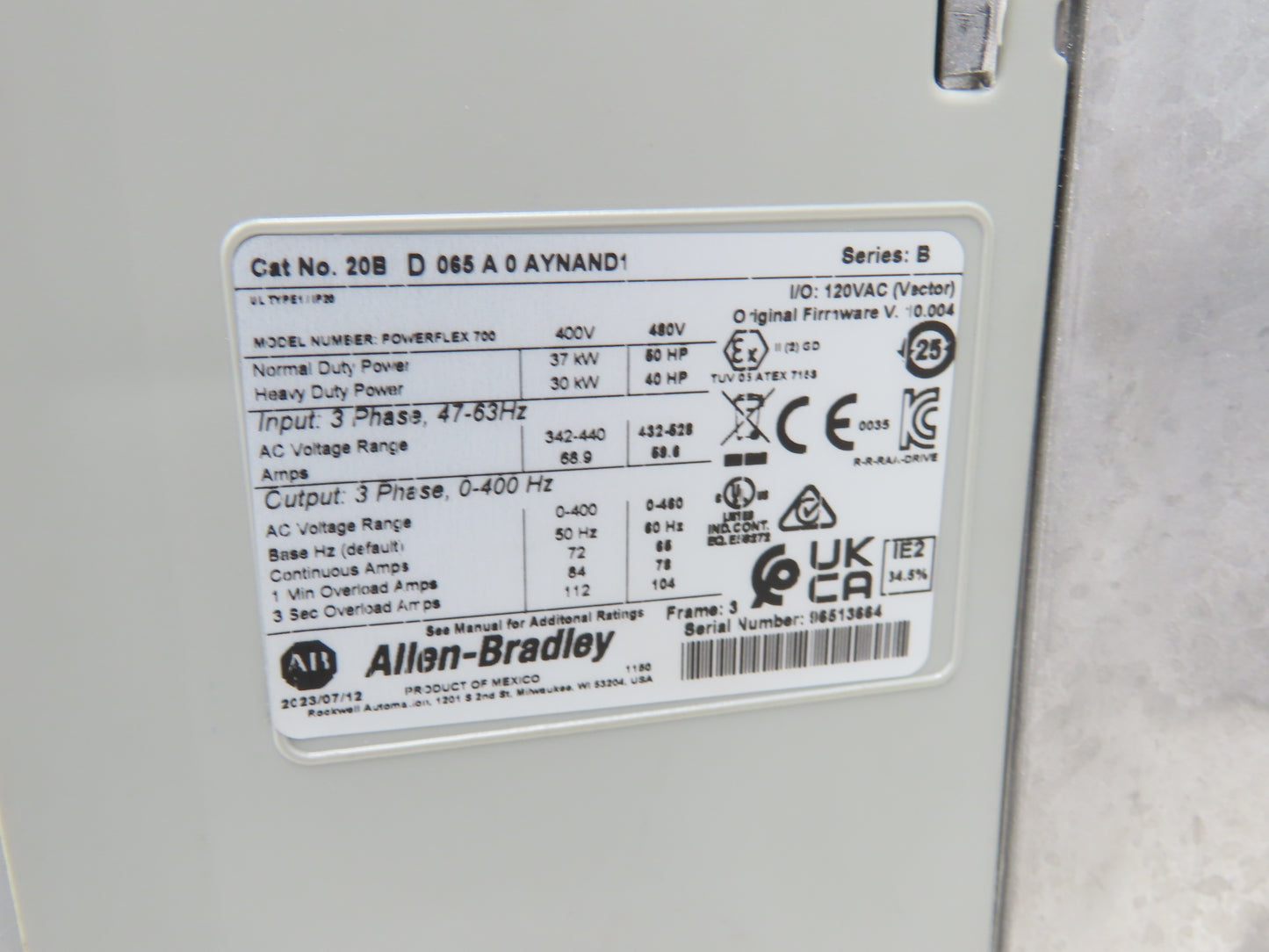 Allen Bradley 20BD065A0AYNAND1 PowerFlex 700 VFD 400Hz 50Hp 480VAC 65A Ser B
