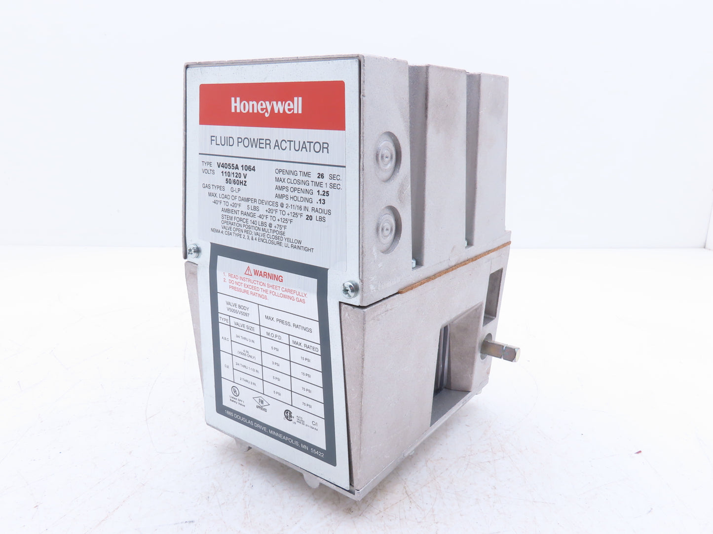 Honeywell V4055A 1064 Fluid Power Gas Valve Actuator 120V w/Damper Shaft