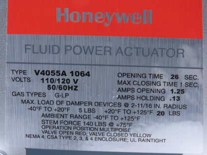 Honeywell V4055A 1064 Fluid Power Gas Valve Actuator 120V w/Damper Shaft