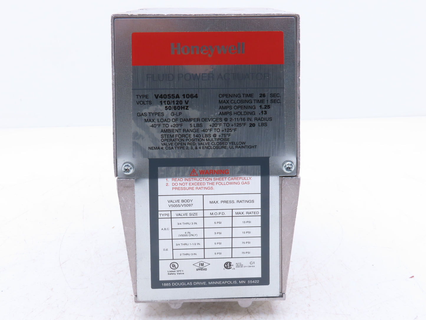 Honeywell V4055A 1064 Fluid Power Gas Valve Actuator 120V w/Damper Shaft