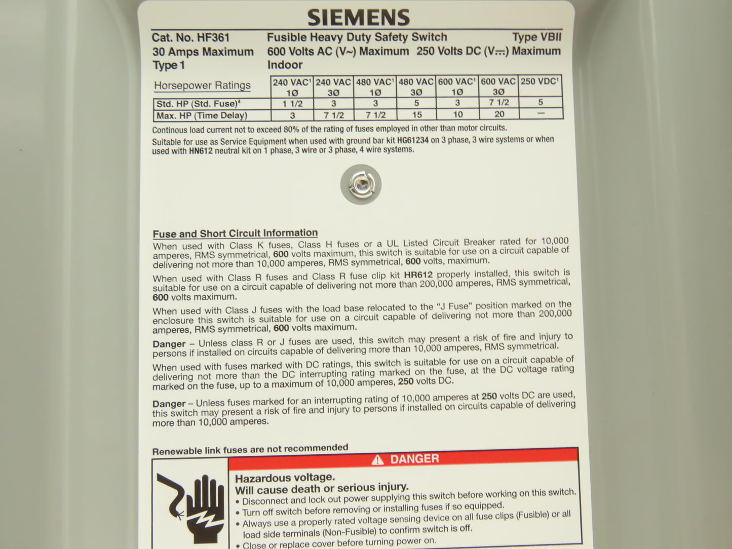 Siemens HF361 Heavy Duty Safety Fusible Disconnect Switch 3P 30A 600VAC 250VDC