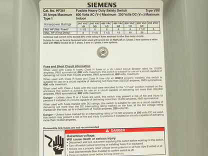 Siemens HF361 Heavy Duty Safety Fusible Disconnect Switch 3P 30A 600VAC 250VDC