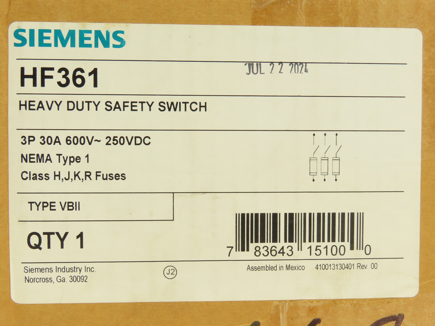 Siemens HF361 Heavy Duty Safety Fusible Disconnect Switch 3P 30A 600VAC 250VDC
