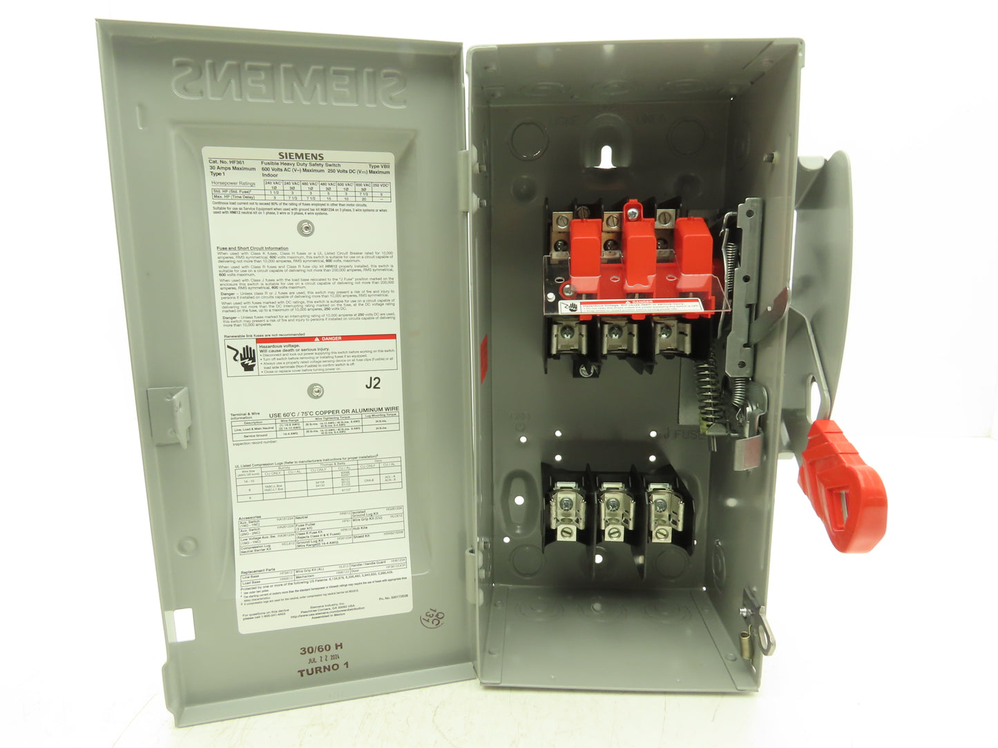 Siemens HF361 Heavy Duty Safety Fusible Disconnect Switch 3P 30A 600VAC 250VDC