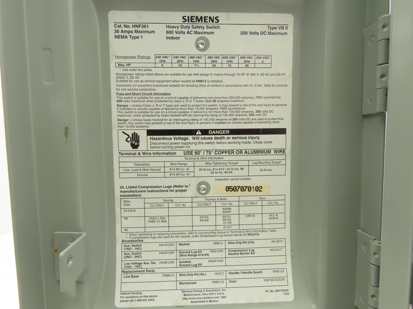 Siemens HNF361 Heavy Duty Safety Disconnect Switch 3P 30A 600VAC 250VDC