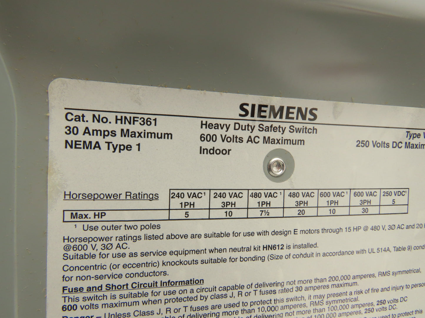Siemens HNF361 Heavy Duty Safety Disconnect Switch 3P 30A 600VAC 250VDC