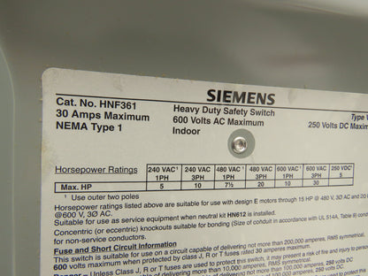 Siemens HNF361 Heavy Duty Safety Disconnect Switch 3P 30A 600VAC 250VDC