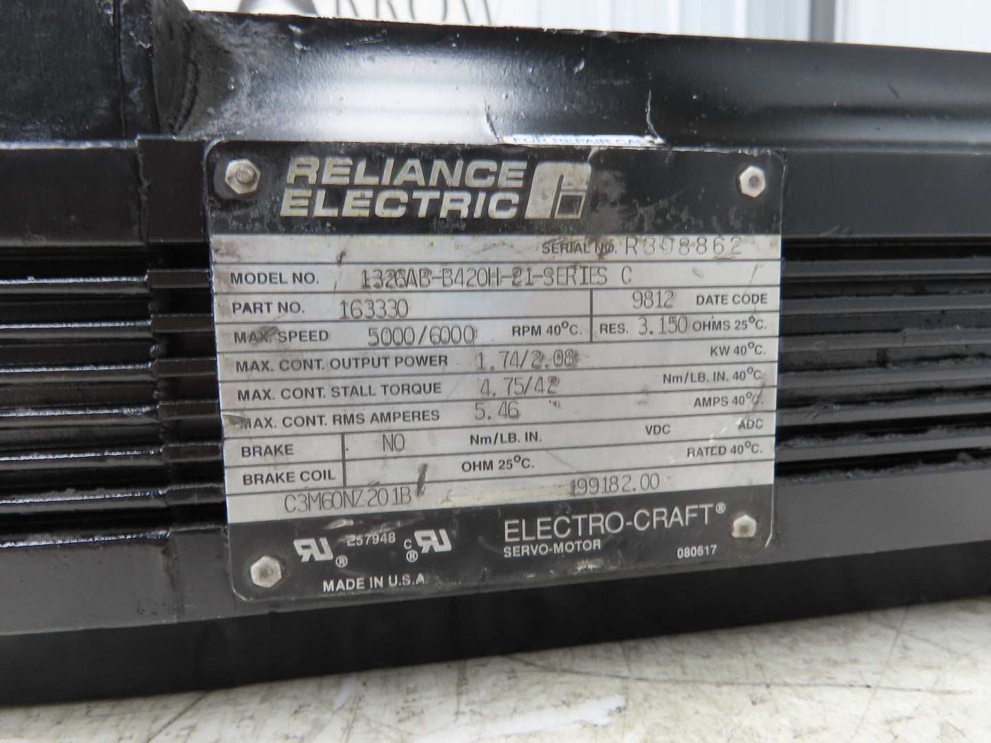 Reliance Electric 1326AB-B420H-21-SERIES C Servo Motor 1.74/2.08kW 5000/6000RPM