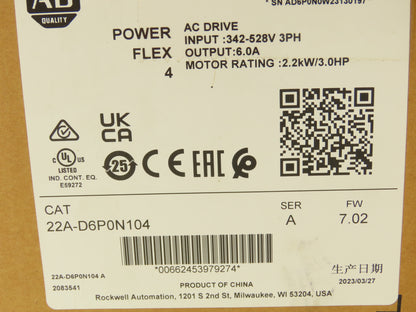Allen Bradley 22A-D6P0N104 PowerFlex 4 AC Drive Variable Speed VFD 3Hp 480V 3PH