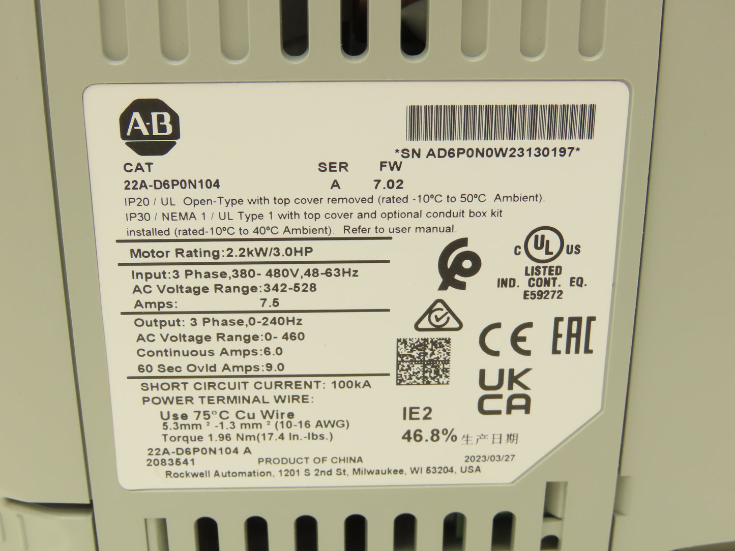 Allen Bradley 22A-D6P0N104 PowerFlex 4 AC Drive Variable Speed VFD 3Hp 480V 3PH