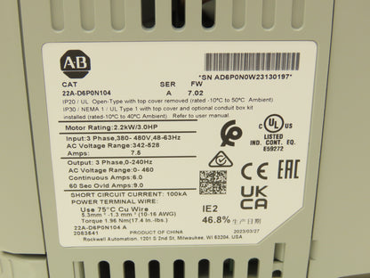 Allen Bradley 22A-D6P0N104 PowerFlex 4 AC Drive Variable Speed VFD 3Hp 480V 3PH