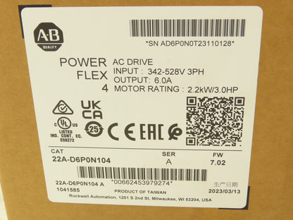 Allen Bradley 22A-D6P0N104 PowerFlex 4 AC Drive Variable Speed VFD 3Hp 480V 3PH