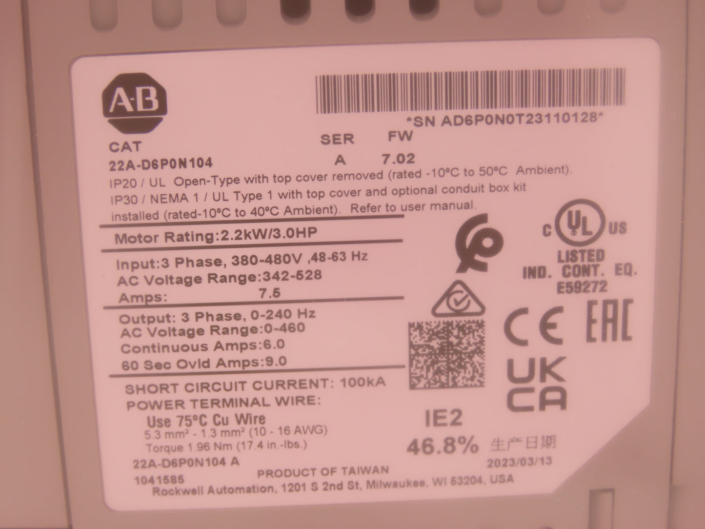 Allen Bradley 22A-D6P0N104 PowerFlex 4 AC Drive Variable Speed VFD 3Hp 480V 3PH