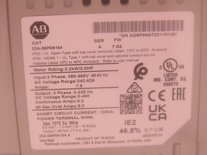 Allen Bradley 22A-D6P0N104 PowerFlex 4 AC Drive Variable Speed VFD 3Hp 480V 3PH