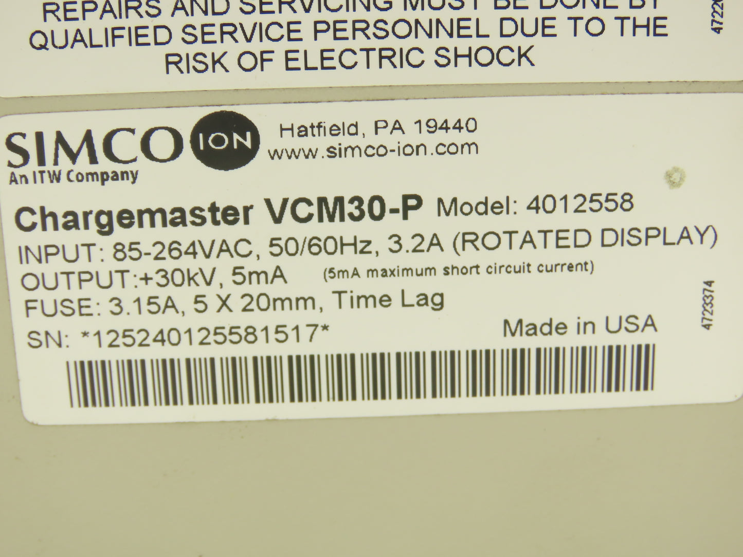 SIMCO ION VCMBP30-P Chargemaster Generator 85-264VAC 3.2A 30kV 5mA Positive