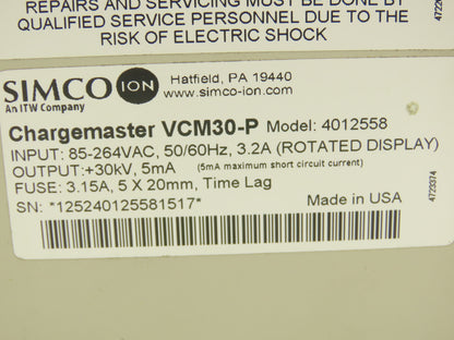 SIMCO ION VCMBP30-P Chargemaster Generator 85-264VAC 3.2A 30kV 5mA Positive