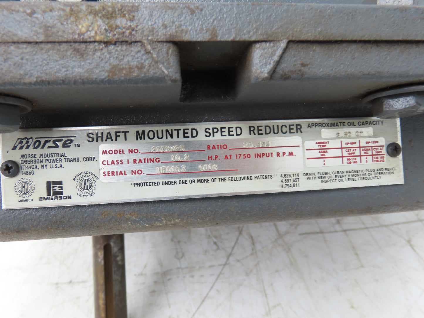 Morse 203XM25 Shaft Mount Reducer Gearbox 25.4:1 Ratio 10.2Hp Tapered Shaft