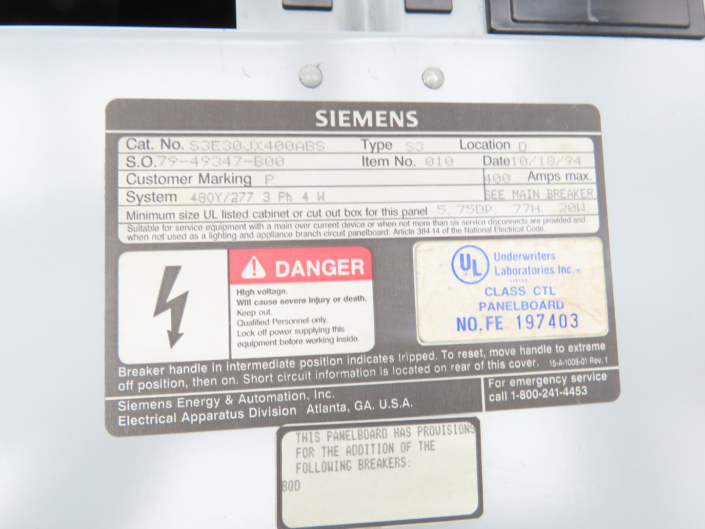 Siemens S3E30JX400ABS Load Center Panel Board 400A 480Y/277V 3Ph 4W 400A Breaker