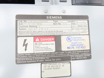 Siemens S3E30JX400ABS Load Center Panel Board 400A 480Y/277V 3Ph 4W 400A Breaker