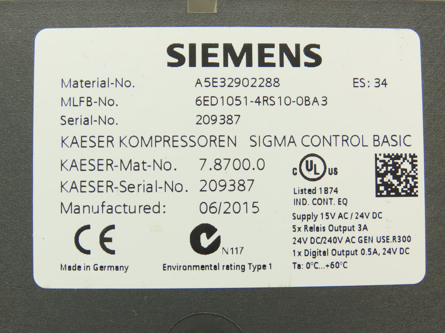 Siemens Kaeser Sigma A5E32902288 Air Compressor Operator Control Panel Off AS25T