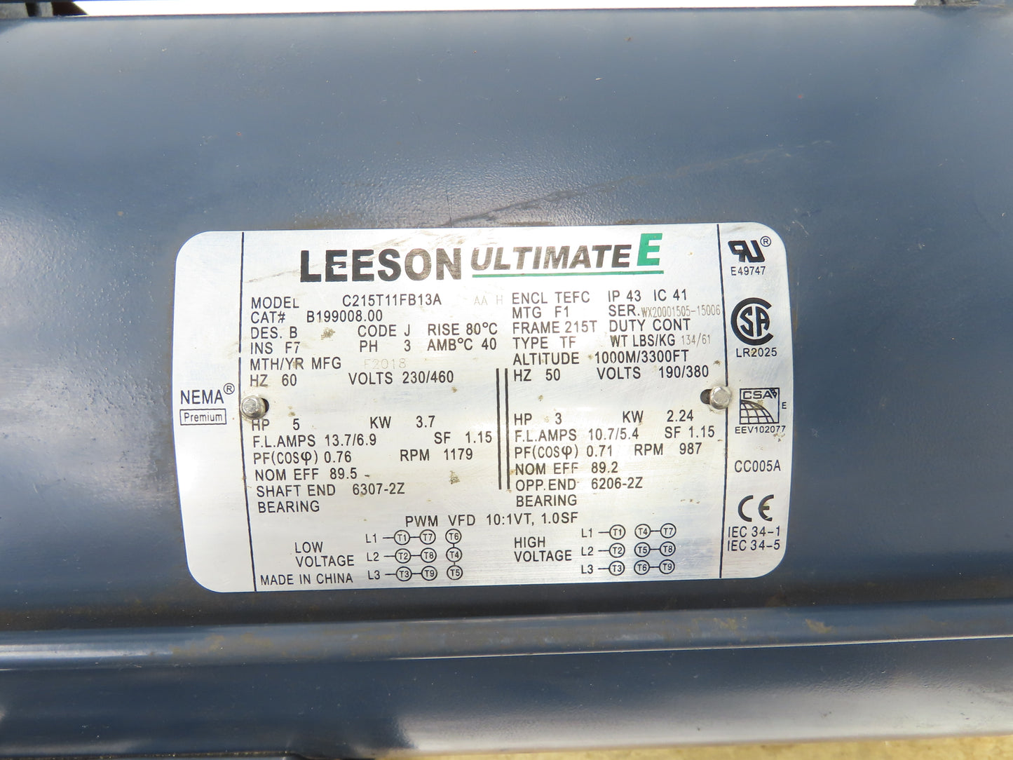 Leeson C215T11FB13A Ultimate E AC Motor 5Hp 1179RPM 230/460V 3Ph 215T TEFC