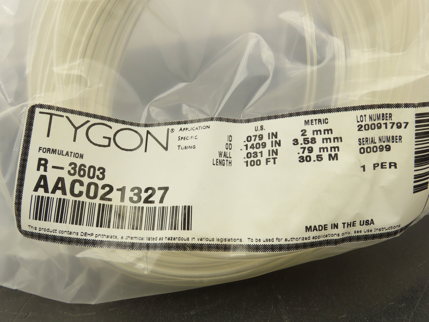 Saint-Gobain Tygon AAC021327 R-3603 Lab & Vacuum Clear Flex Tubing 2mm ID 100 Ft