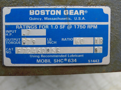 Boston Gear F72460B5G Worm Gearbox 60:1 Reducer 29rpm .7Hp 56C LH Output