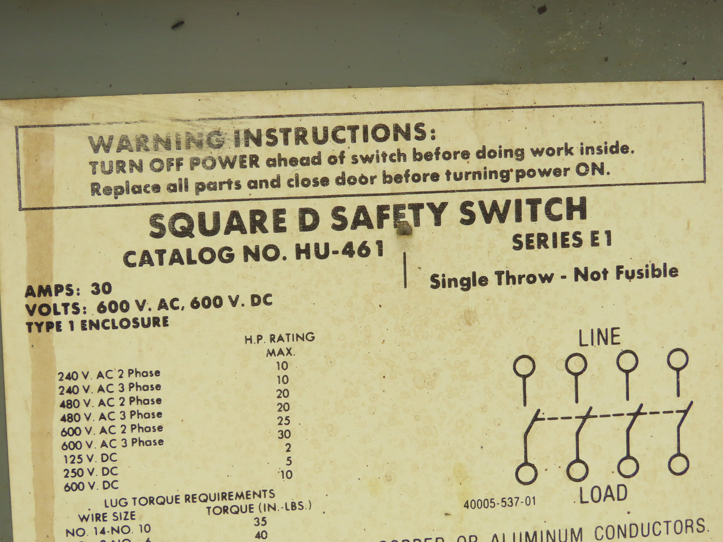 Square D HU461 30A 600V Disconnect Non-Fused