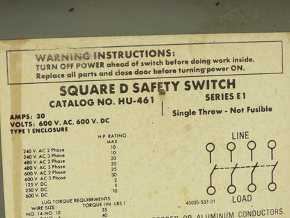 Square D HU461 30A 600V Disconnect Non-Fused
