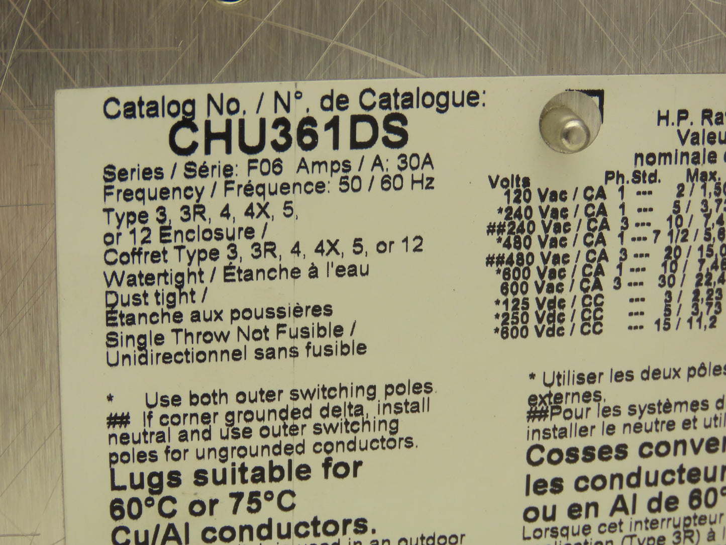Square D CHU361DS Safety Disconnect Switch 30A 600V 30HP Non Fused 3P Stainless